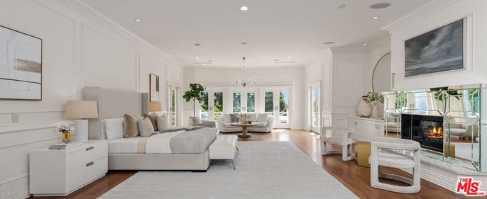 Bedroom, Fireplace, Interior, Living room, Pendant Lights, Recessed Lighting, Wood Texture Flooring