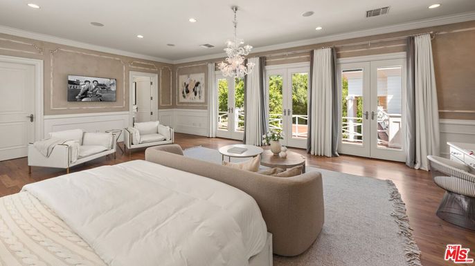 Bedroom, Chandelier, Interior, Recessed Lighting, Wood Texture Flooring