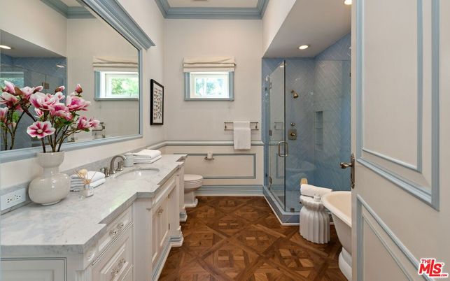 Bathroom, Dual Sink Vanities, Glass Shower, Interior, Recessed Lighting, Wood Texture Flooring
