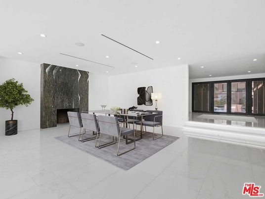 Dining room, Fireplace, Interior, Marble, Recessed Lighting