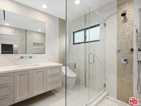 Bathroom, Glass Shower, Interior, Marble Walls, Recessed Lighting