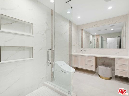 Bathroom, Glass Shower, Interior, Marble Walls, Recessed Lighting