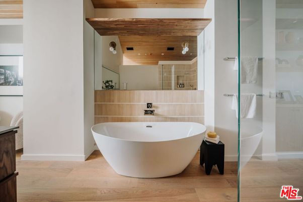 Bathroom, Free Standing Baths, Interior, Recessed Lighting, Wooden Ceilings, Wood Texture Flooring, Wooden Walls