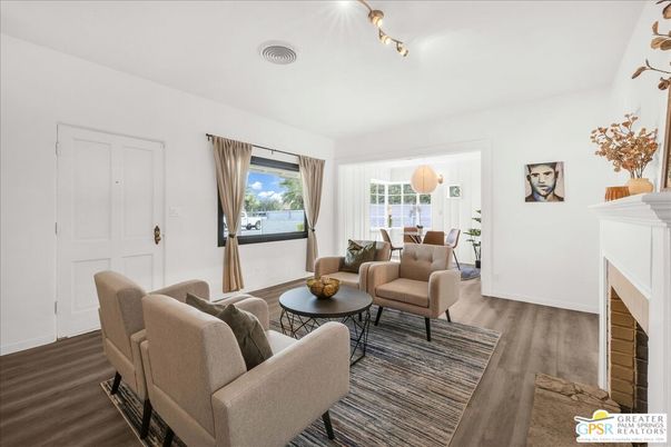 Dining room, Fireplace, Interior, Living room, Pendant Lights, Wood Texture Flooring