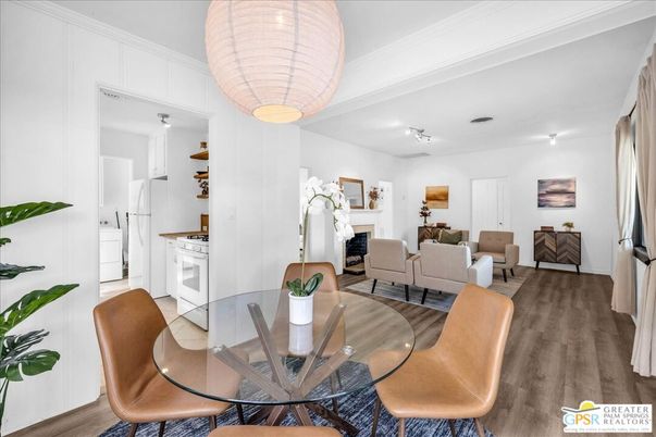Dining room, Fireplace, Interior, Living room, Pendant Lights, Wood Texture Flooring