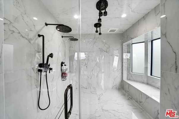Bathroom, Glass Shower, Interior, Marble, Marble Walls, Recessed Lighting