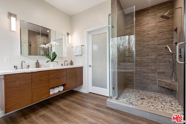 Bathroom, Dual Sink Vanities, Glass Shower, Interior, Wood Texture Flooring