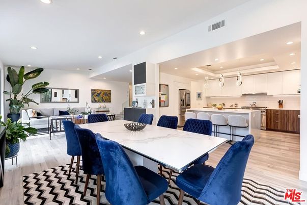 Dining room, Interior, Kitchen, Living room, Recessed Lighting, Stainless Steel Appliances, Wood Texture Flooring