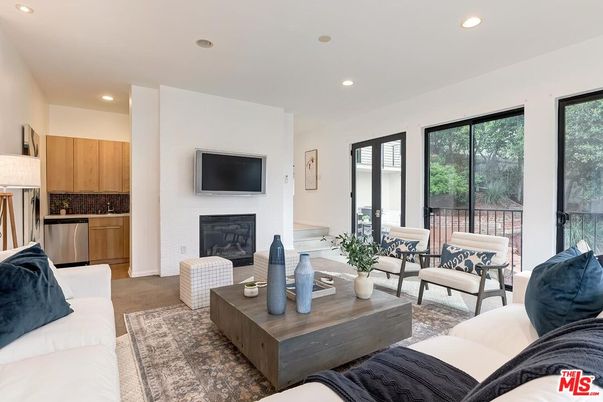 Fireplace, Interior, Kitchen, Living room, Recessed Lighting, Stainless Steel Appliances