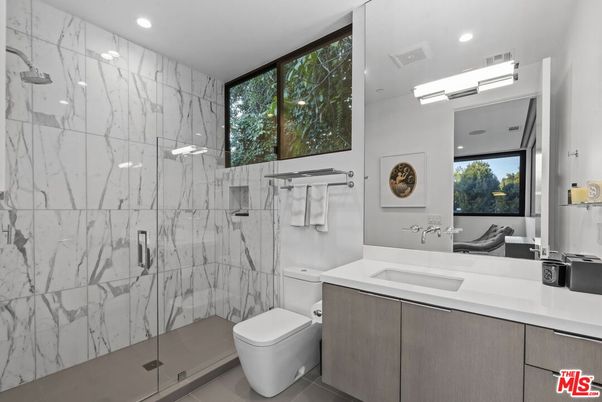 Bathroom, Glass Shower, Interior, Marble Walls, Recessed Lighting