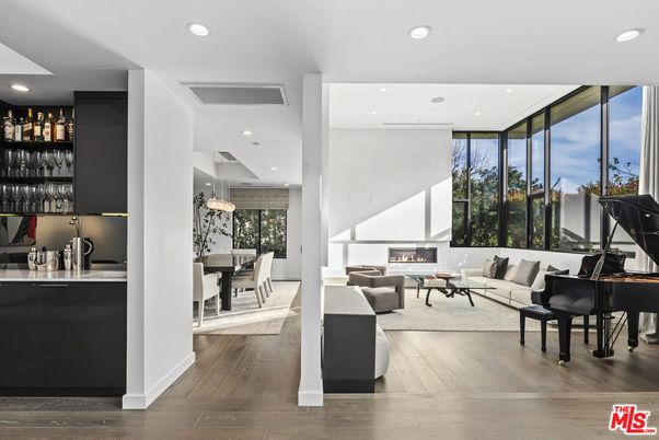 Dining room, Fireplace, Interior, Living room, Pendant Lights, Piano, Recessed Lighting, Wood Texture Flooring