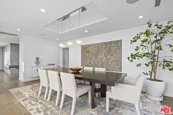 Dining room, Interior, Pendant Lights, Recessed Lighting, Wood Texture Flooring