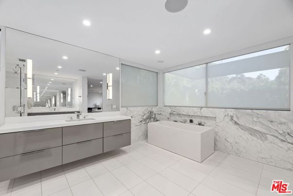 Bathroom, Dual Sink Vanities, Interior, Marble Walls, Recessed Lighting