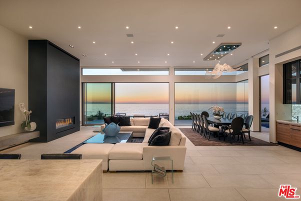 Dining room, Fireplace, Interior, Living room, Recessed Lighting, Water