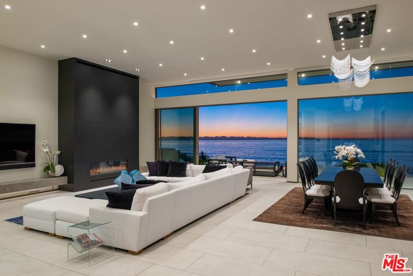 Dining room, Fireplace, Interior, Living room, Recessed Lighting, Water