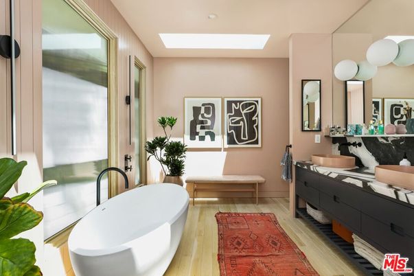 Bathroom, Free Standing Baths, Interior, Recessed Lighting, Wood Texture Flooring