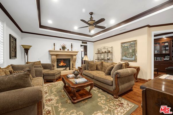 Fireplace, Interior, Living room, Recessed Lighting, Wood Texture Flooring
