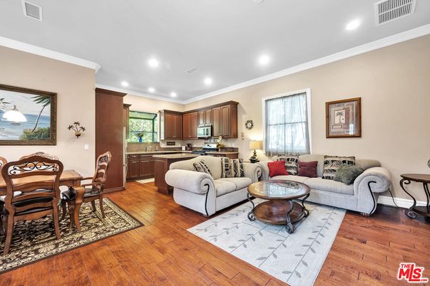 Dining room, Interior, Kitchen, Living room, Recessed Lighting, Wood Texture Flooring