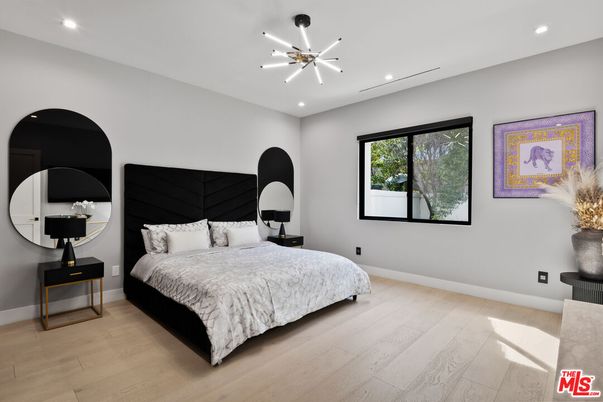 Bedroom, Interior, Pendant Lights, Recessed Lighting, Wood Texture Flooring