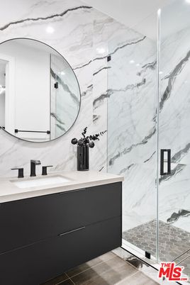 Bathroom, Glass Shower, Interior, Marble Walls, Recessed Lighting