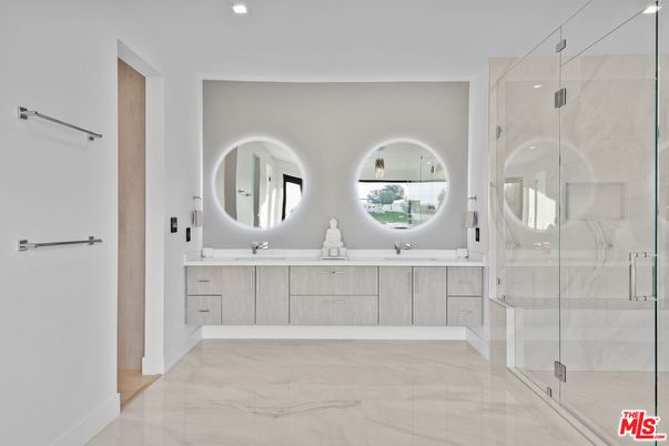 Bathroom, Dual Sink Vanities, Glass Shower, Interior, Marble, Recessed Lighting