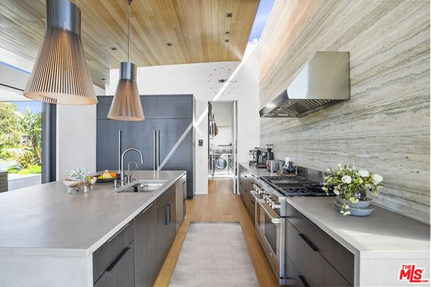 Interior, Kitchen, Pendant Lights, Recessed Lighting, Stainless Steel Appliances, Wooden Ceilings, Wood Texture Flooring