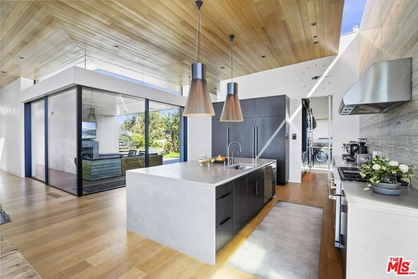 Interior, Kitchen, Pendant Lights, Recessed Lighting, Stainless Steel Appliances, Wooden Ceilings, Wood Texture Flooring