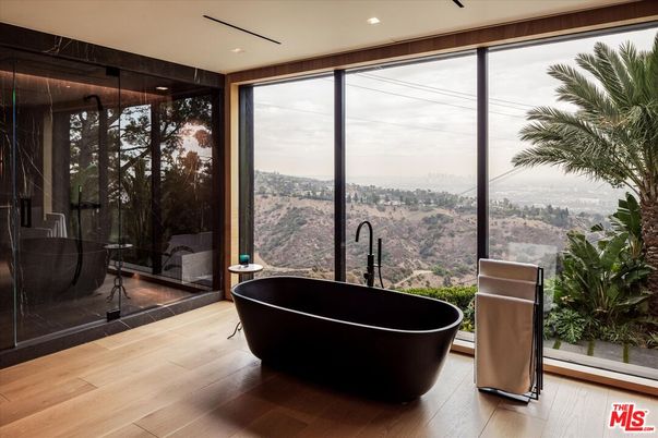 Bathroom, Free Standing Baths, Glass Shower, Interior, Recessed Lighting, Wood Texture Flooring
