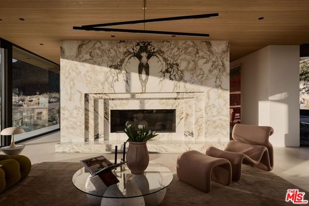 Fireplace, Interior, Marble Walls, Recessed Lighting, Wooden Ceilings