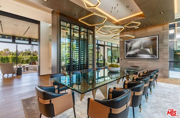 Dining room, Interior, Living room, Pendant Lights, Recessed Lighting, Wood Texture Flooring
