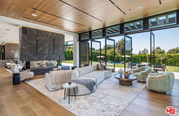 Fireplace, Interior, Living room, Marble Walls, Recessed Lighting, Wooden Ceilings, Wood Texture Flooring