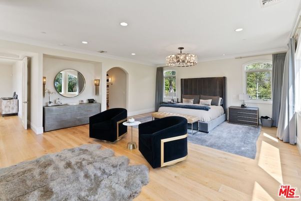 Bedroom, Chandelier, Interior, Recessed Lighting, Wood Texture Flooring