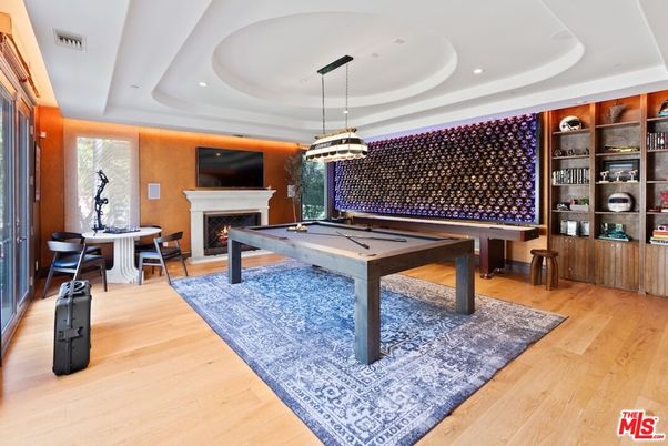 Billiard Table, Fireplace, Game Room, Interior, Pendant Lights, Recessed Lighting, Wood Texture Flooring