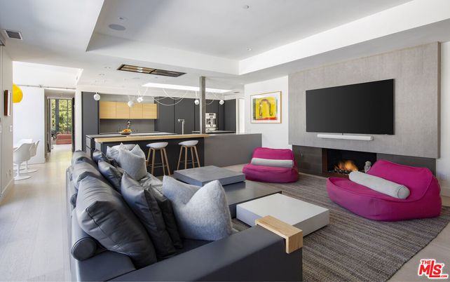 Fireplace, Interior, Kitchen, Living room, Pendant Lights, Recessed Lighting, Wood Texture Flooring