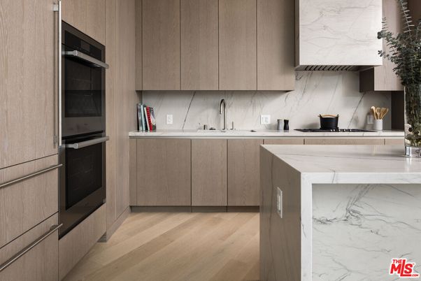 Interior, Kitchen, Marble Walls, Stainless Steel Appliances, Wood Texture Flooring