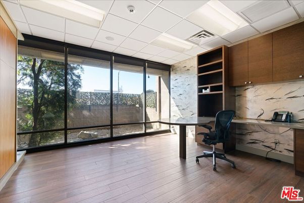 Home Office, Interior, Marble Walls, Recessed Lighting, Wood Texture Flooring