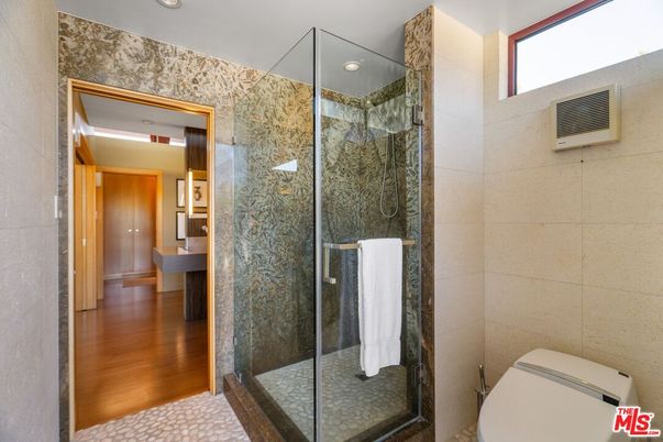 Bathroom, Glass Shower, Interior, Recessed Lighting, Wood Texture Flooring