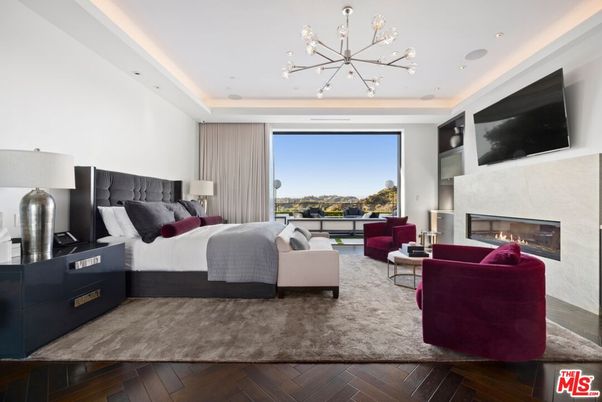 Bedroom, Fireplace, Interior, Living room, Pendant Lights, Recessed Lighting, Wood Texture Flooring