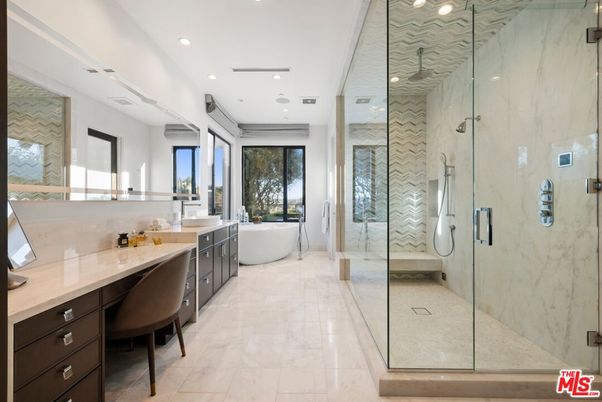 Bathroom, Dual Sink Vanities, Free Standing Baths, Glass Shower, Interior, Marble, Marble Walls, Recessed Lighting