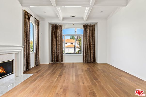 Empty room, Fireplace, Interior, Recessed Lighting, Wood Texture Flooring