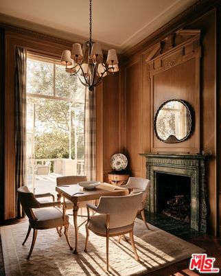 Chandelier, Dining room, Fireplace, Interior, Wood Texture Flooring, Wooden Walls