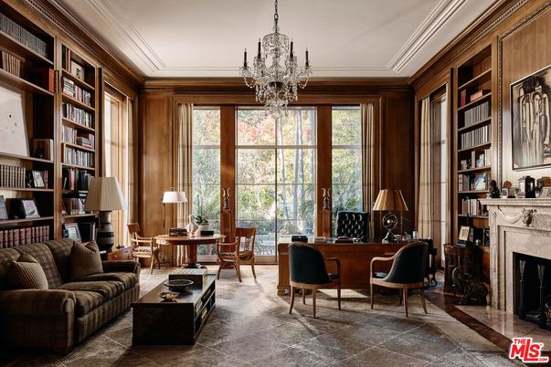 Chandelier, Fireplace, Home Office, Interior