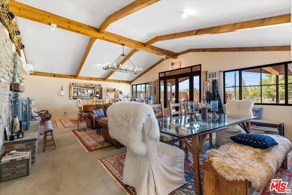Dining room, Fireplace, Interior, Pendant Lights, Stone Walls, Wooden Beams