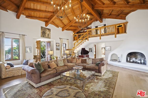 Chandelier, Fireplace, Interior, Living room, Piano, Wooden Beams, Wooden Ceilings, Wood Texture Flooring