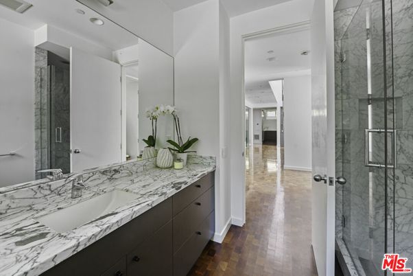 Bathroom, Glass Shower, Interior, Marble Walls, Recessed Lighting, Wood Texture Flooring