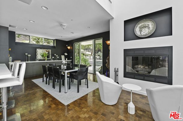 Dining room, Fireplace, Interior, Recessed Lighting, Wood Texture Flooring