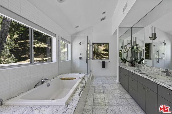 Bathroom, Dual Sink Vanities, Glass Shower, Interior, Marble, Recessed Lighting