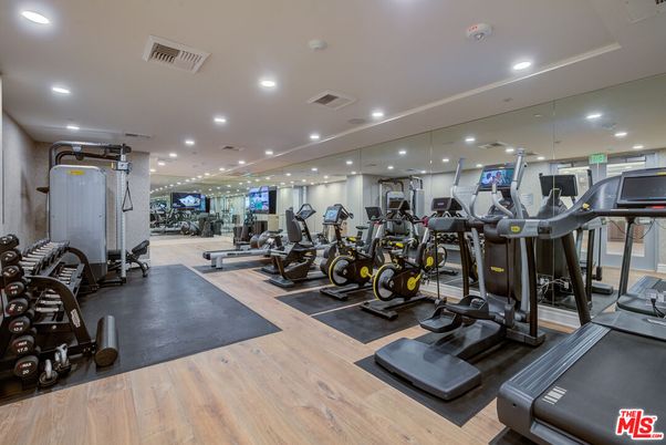 Fitness Equipment, Gym, Interior, Recessed Lighting, Wood Texture Flooring