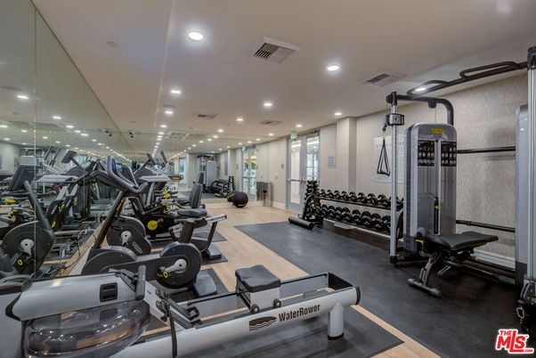 Fitness Equipment, Gym, Interior, Recessed Lighting, Wood Texture Flooring