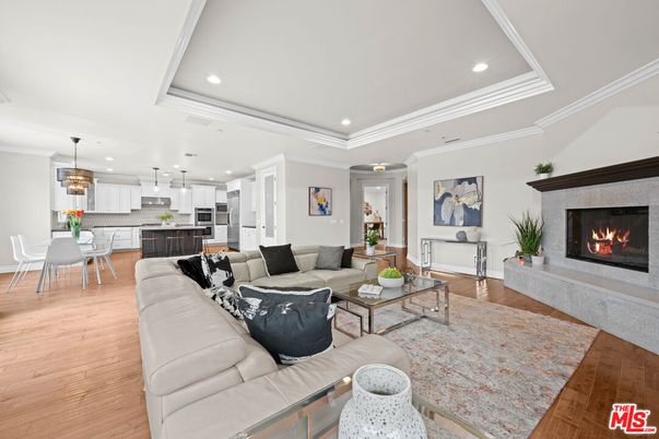 Dining room, Fireplace, Interior, Kitchen, Living room, Pendant Lights, Recessed Lighting, Wood Texture Flooring